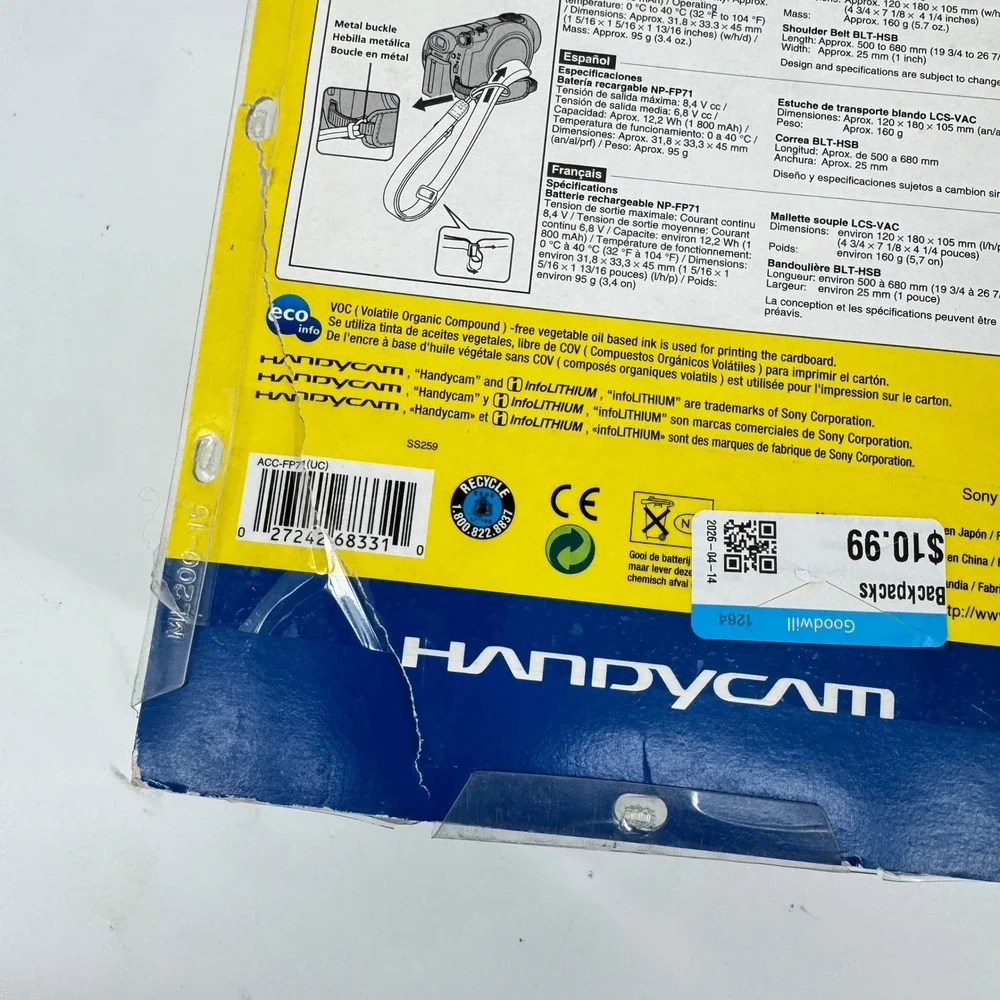 Sony ACC-FP71 Handycam Accessory Kit NP-FP71 Battery Case Strap New Damaged Box